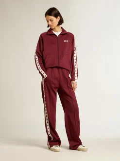 Cheap Golden Goose Moletom feminino bordô com zíper, faixa branca e estrelas em contraste Star Collection