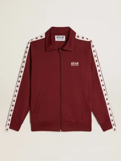 Shop Golden Goose Moletom masculino bordô com zíper, faixa branca e estrelas em contraste Star Collection