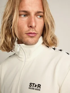 New Golden Goose Moletom masculino cor de papiro com zíper e estrelas pretas Star Collection