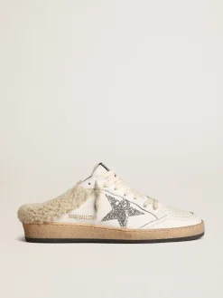 Hot Golden Goose Mule Ball Star com estrela de glitter e forro de shearling Cabedal de napa branca