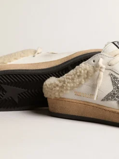 Hot Golden Goose Mule Ball Star com estrela de glitter e forro de shearling Cabedal de napa branca