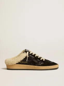 Discount Golden Goose Mule Ball Star de glitter preto com estrela preta e forro de shearling Cabedal de glitter preto
