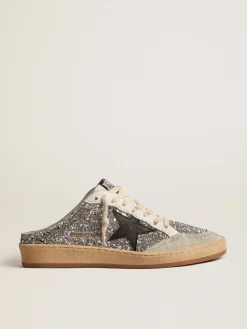 Clearance Golden Goose Mule Ball Star de glitter prateado com estrela de couro preto Cabedal de glitter prateado