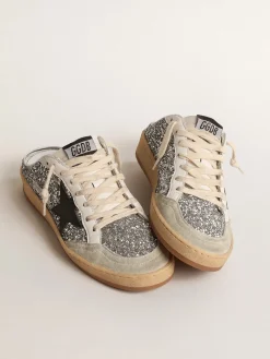 Clearance Golden Goose Mule Ball Star de glitter prateado com estrela de couro preto Cabedal de glitter prateado