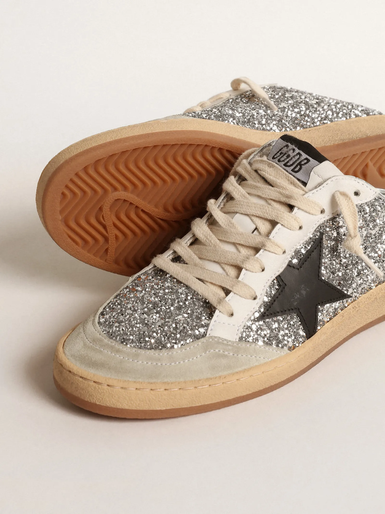 Clearance Golden Goose Mule Ball Star de glitter prateado com estrela de couro preto Cabedal de glitter prateado