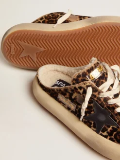 Best Sale Golden Goose Mule Space-Star feminino de cavalinho animal print e forro de shearling Cabedal de couro cavalinho com estampa animal print