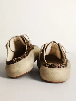 Cheap Golden Goose Mule Space-Star feminino de cavalinho leopardo e estrela preta Cabedal de couro cavalinho com estampa de leopardo bege e marrom