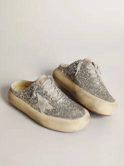 Fashion Golden Goose Mule Space-Star feminino em glitter com estrela e talão cinza gelo Cabedal de glitter prateado