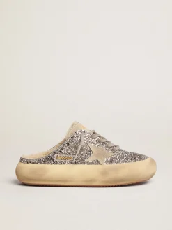 Cheap Golden Goose Mule Space-Star feminino em glitter prateado e forro de shearling Cabedal de glitter prateado