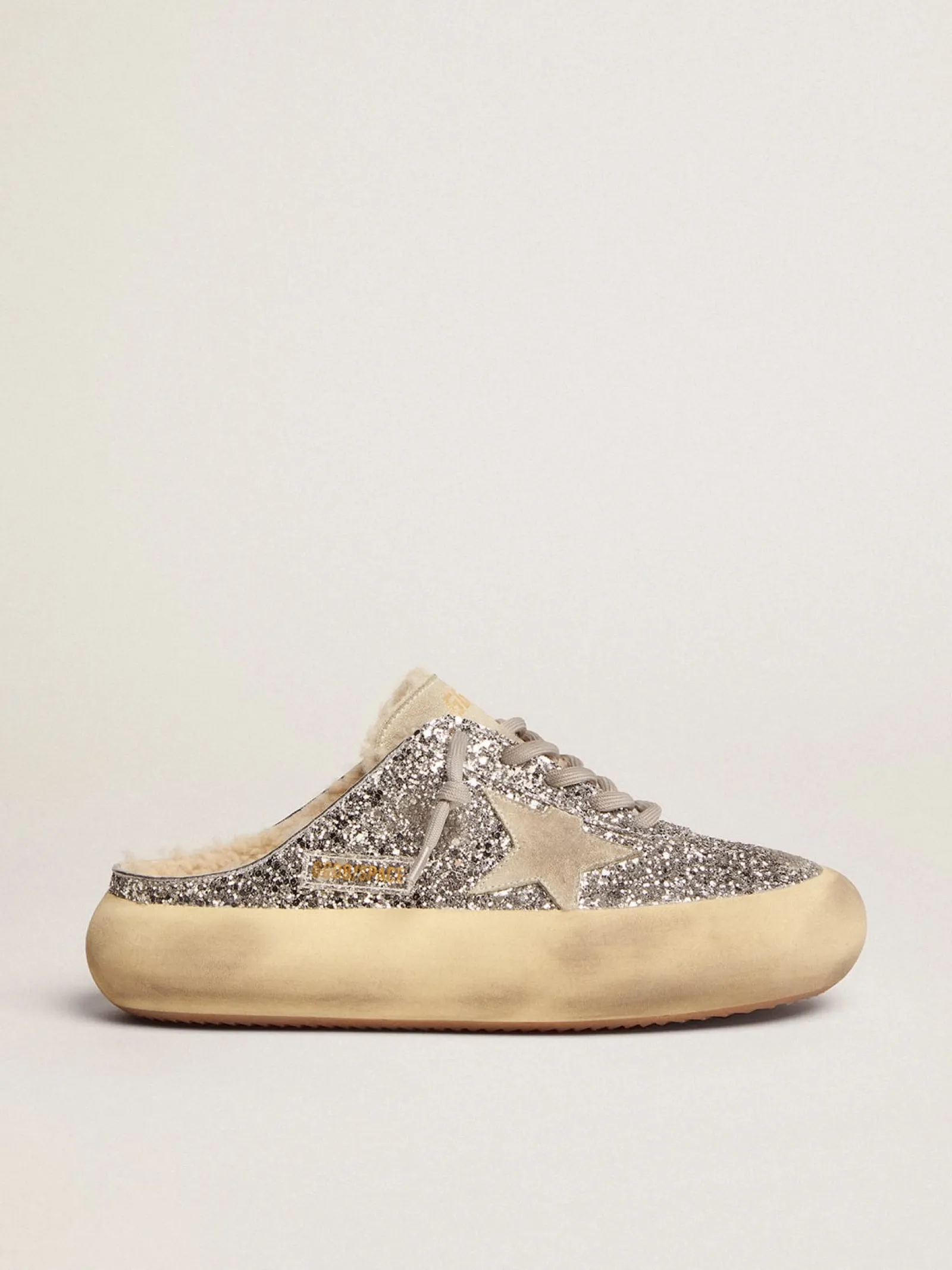 Cheap Golden Goose Mule Space-Star feminino em glitter prateado e forro de shearling Cabedal de glitter prateado