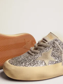 Cheap Golden Goose Mule Space-Star feminino em glitter prateado e forro de shearling Cabedal de glitter prateado