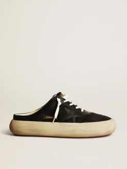 Discount Golden Goose Mule Space-Star Masculino de náilon preto e estrela de couro preto Cabedal de náilon preto