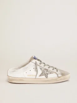 Fashion Golden Goose Mule Super-Star de couro branco e suede cinza com estrela de glitter prateado Cor: branco