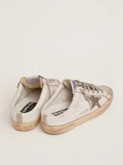 Fashion Golden Goose Mule Super-Star de couro branco e suede cinza com estrela de glitter prateado Cor: branco