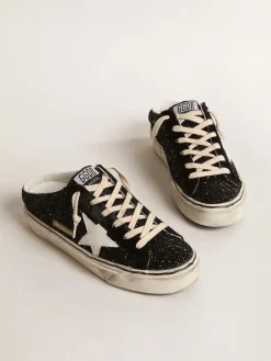 Cheap Golden Goose Mule Super-Star de glitter preto com estrela de base vegetal branca Cabedal de glitter preto