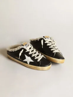 Cheap Golden Goose Mule Super-Star de napa preta com estrela de couro branco e forro de shearling bege Cabedal de napa preta