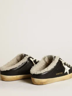 Cheap Golden Goose Mule Super-Star de napa preta com estrela de couro branco e forro de shearling bege Cabedal de napa preta