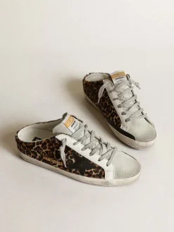 Discount Golden Goose Mule Super-Star feminino de cavalinho leopardo com estrela preta Cabedal de couro cavalinho com estampa de leopardo bege e marrom