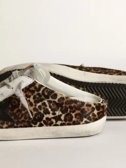 Discount Golden Goose Mule Super-Star feminino de cavalinho leopardo com estrela preta Cabedal de couro cavalinho com estampa de leopardo bege e marrom