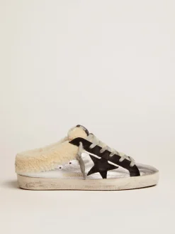 Store Golden Goose Mule Super-Star Feminino de couro metálico prateado com estrela preta Cabedal em couro metálico prateado