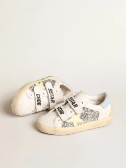 Cheap Golden Goose Old School Junior base vegetal com estrela amarela e inserções de glitter Cabedal branco de base vegetal com inserções de glitter prateado