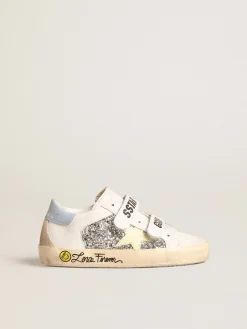 Cheap Golden Goose Old School Junior base vegetal com estrela amarela e inserções de glitter Cabedal branco de base vegetal com inserções de glitter prateado