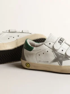 Best Golden Goose Old School Junior com estrela de couro metálico e talão verde Cabedal de napa branca