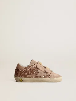 Shop Golden Goose Old School Junior de glitter rosa pêssego, estrela de suede rosa Cabedal de glitter na cor rosa pêssego