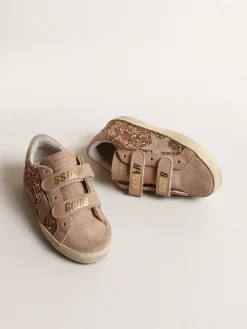 Shop Golden Goose Old School Junior de glitter rosa pêssego, estrela de suede rosa Cabedal de glitter na cor rosa pêssego