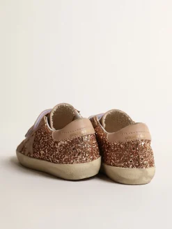Shop Golden Goose Old School Junior de glitter rosa pêssego, estrela de suede rosa Cabedal de glitter na cor rosa pêssego