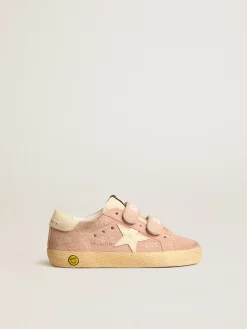 New Golden Goose Old School Junior de suede rosa com estrela e talão de couro creme Cabedal de suede rosa pêssego com estampa Love all-over