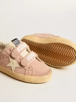 New Golden Goose Old School Junior de suede rosa com estrela e talão de couro creme Cabedal de suede rosa pêssego com estampa Love all-over