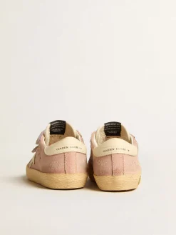 New Golden Goose Old School Junior de suede rosa com estrela e talão de couro creme Cabedal de suede rosa pêssego com estampa Love all-over