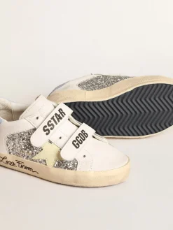 Fashion Golden Goose Old School Young base vegetal com estrela amarela e inserções de glitter Cabedal branco de base vegetal com inserções de glitter prateado