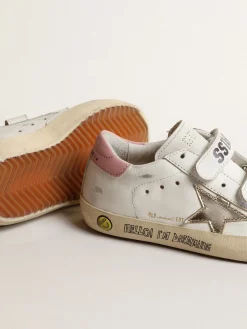 Outlet Golden Goose Old School Young com estrela de couro metálico e talão rosa Cor: branco