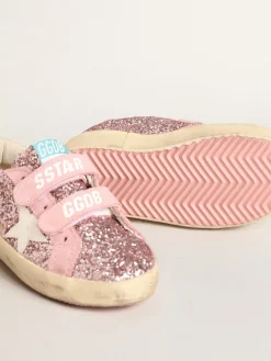 Best Sale Golden Goose Old School Young de glitter lilás com estrela branca e talão rosa Cabedal de glitter lilás