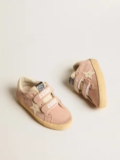 New Golden Goose Old School Young de suede rosa com estrela e talão de couro creme Cabedal de suede rosa pêssego com estampa Love all-over