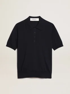 Best Sale Golden Goose Polo feminina de lã merino azul-marinho Golden Collection