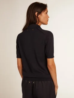Best Sale Golden Goose Polo feminina de lã merino azul-marinho Golden Collection