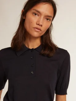 Best Sale Golden Goose Polo feminina de lã merino azul-marinho Golden Collection