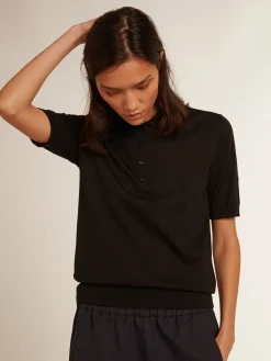 Best Sale Golden Goose Polo feminina de lã merino preta Golden Collection