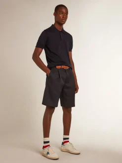 Best Golden Goose Polo masculina de manga curta de lã merino azul-marinho Golden Collection