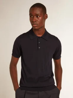 Best Golden Goose Polo masculina de manga curta de lã merino azul-marinho Golden Collection