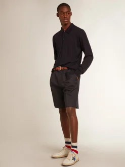 Discount Golden Goose Polo masculina de manga comprida de lã merino azul-marinho Golden Collection