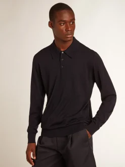 Discount Golden Goose Polo masculina de manga comprida de lã merino azul-marinho Golden Collection