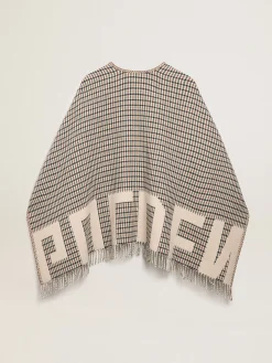 Online Golden Goose Poncho de lã dupla face na cor creme com estampa xadrez e inscrição Cor: creme