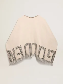 Online Golden Goose Poncho de lã dupla face na cor creme com estampa xadrez e inscrição Cor: creme