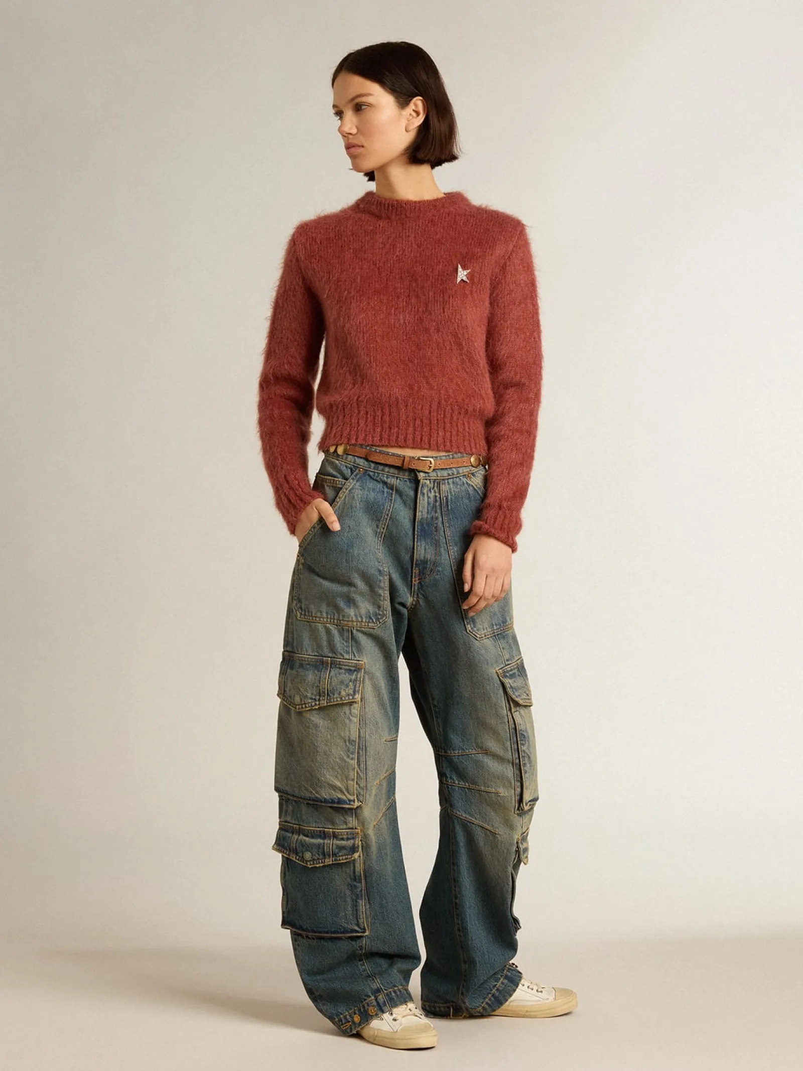 Store Golden Goose Pulôver cropped de mohair lilás escuro Coleção Journey