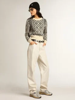 Store Golden Goose Pulôver cropped gola redonda, estampas geométricas pergaminho e azul Cor: pergaminho e azul