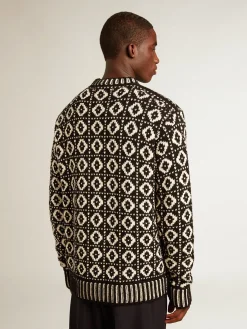 Fashion Golden Goose Pulôver de gola redonda com estampas geométricas brancas e pretas Coleção Journey